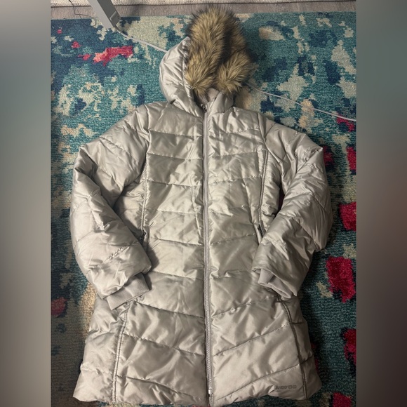 Lands' End Girl’s size 14 Metallic Gray Puffer Coat with Faux Fur Hood